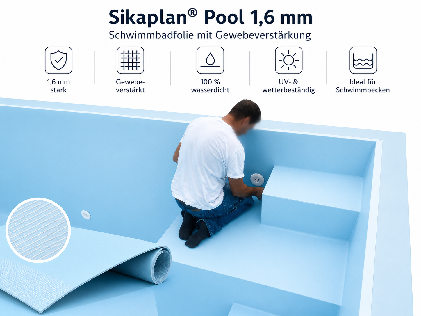 Schwimmbadfolie 1,6 mm hellblau mit Gewebe