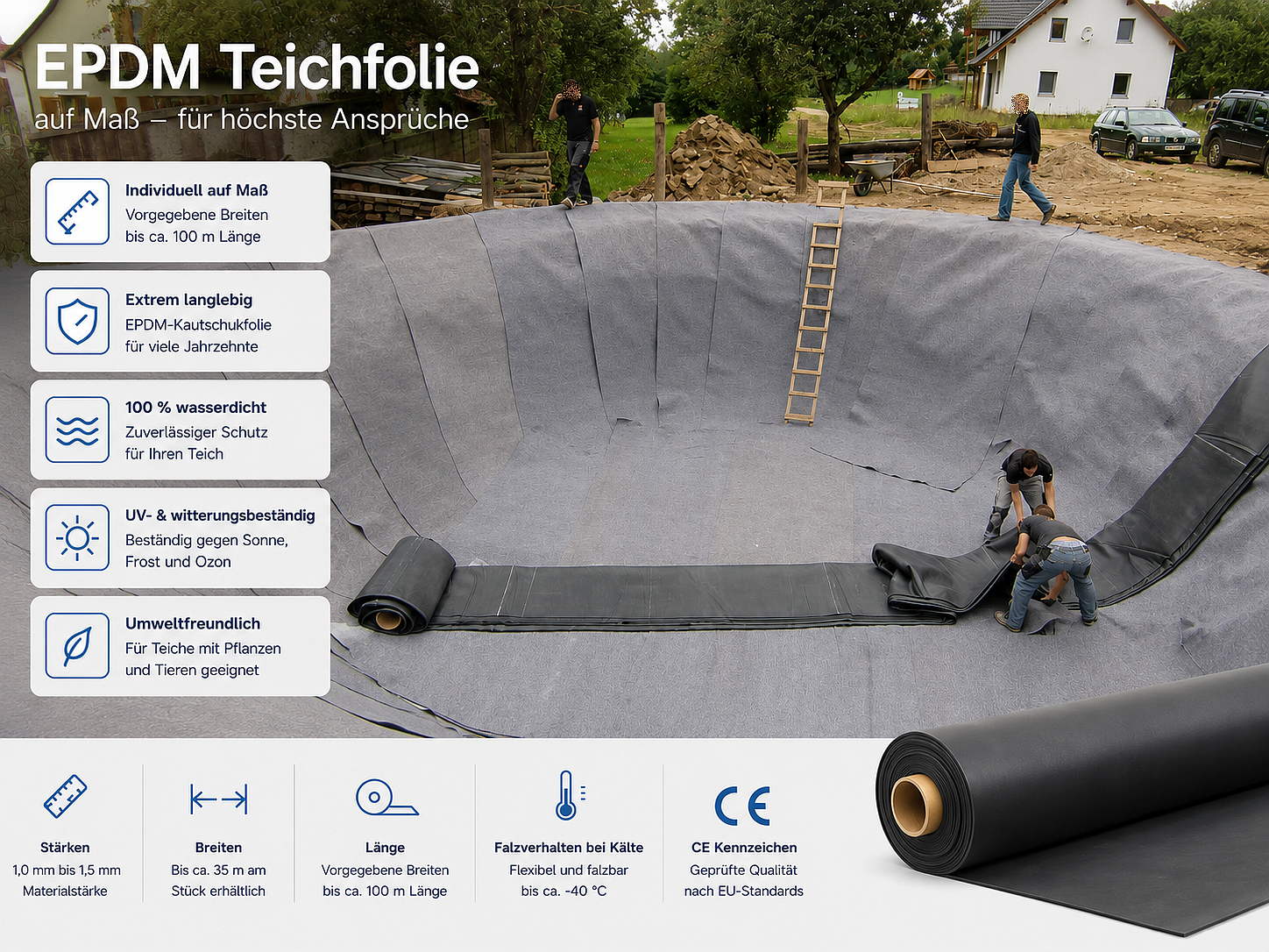 Kautschukfolie ProfiFlex 1,5 mm ★ EPDM Teichfolie auf Maß