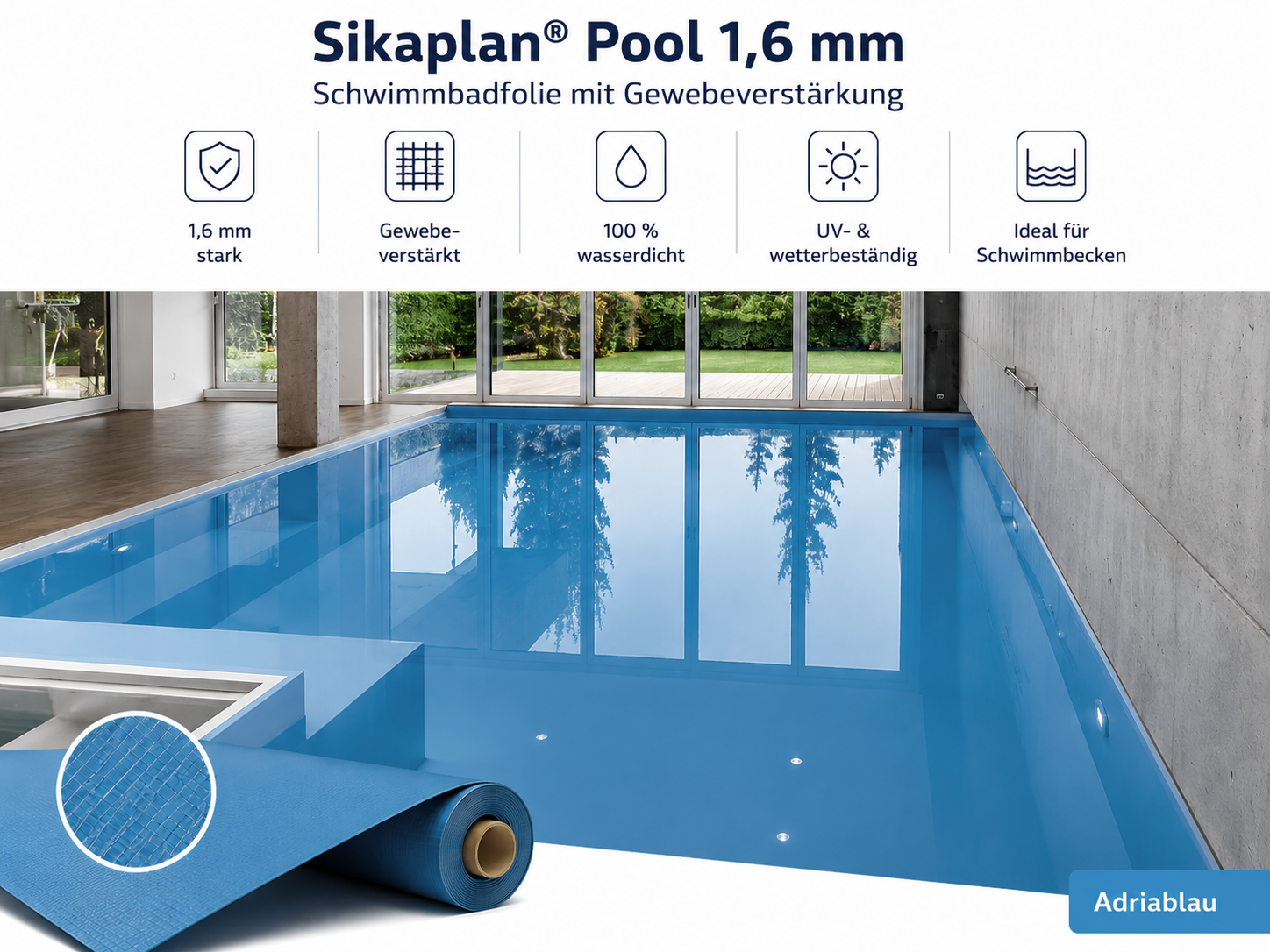 Schwimmbadfolie 1,6 mm adriablau mit Gewebe
